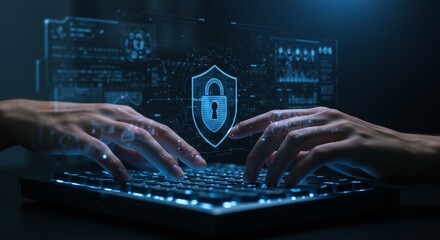 Cybersecurity Concept Hands Typing on Keyboard with Digital Shield Illustration