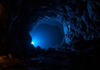 Dark Cave Tunnel With Blue Light An Abstract Photo