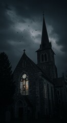 Dark Stone Church At Night Gothic Architecture Illustration