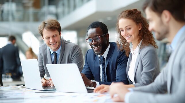 Diverse Business Team Collaborating Around Laptops in Modern Office