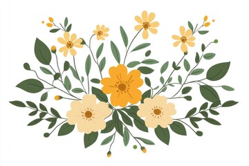 Delicate arrangement of pastel yellow and orange flowers and foliage