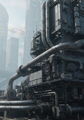 Detailed Industrial City Illustration in Grey Steel with Pipes and Buildings