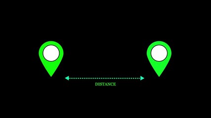 Measurement arrow between green pins showing travel distance. Concept of distance visualized with two green location markers and a measurement arrow on black background