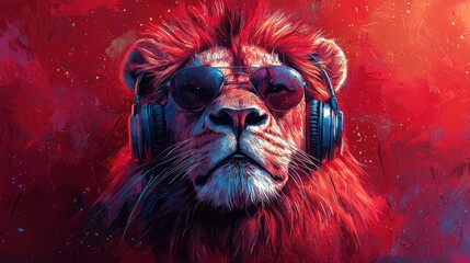 Lion with headphones and sunglasses digital art
