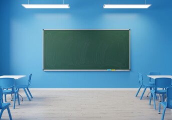 Empty Blue Classroom Interior With Chalkboard Tables and Chairs Photo