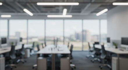 Blurred Modern Office Interior With Desks Windows and Lights Photo