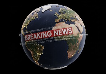 Breaking News Displayed On A Digital Globe Illustration Against Dark Background