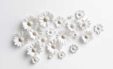 White paper daisies scattered on white background