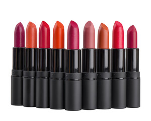 Obraz premium Artistic arrangement of various lipsticks different shades, showcasing vibrant colors and textures. This collection highlights beauty and diversity of lip products, perfect for makeup enthusiasts