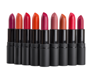 Artistic arrangement of various lipsticks different shades, showcasing vibrant colors and textures. This collection highlights beauty and diversity of lip products, perfect for makeup enthusiasts