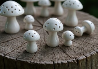 Ceramic Mushroom Collection on Wood Stump with White and Brown Tones Photo