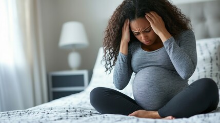 Expecting mother experiencing discomfort while sitting on bedroom bed in morning light