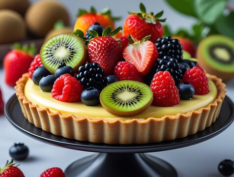 Homemade fruit tart with mixed berries and kiwi slices, presented elegantly on pedestal stand, combining bright colors, fresh flavor, and artistic dessert decoration - Powered by Adobe