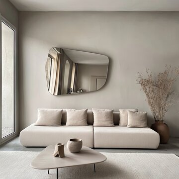 Modern beige living room with abstract mirror