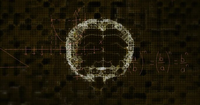 Upon emerging curve brain outline forming as axes formulas triangle parabola cone animating synergy