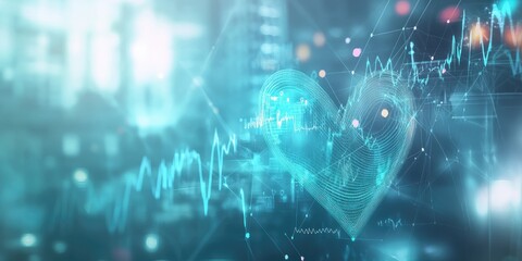 Abstract heart graphic overlaid on financial data
