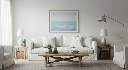 Interior Photo White Living Room With Sofa Wooden Table And Decor