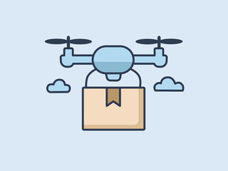 Flat design illustration of delivery drone carrying a cardboard box with clouds in background