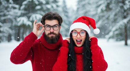 Joyful Couple Posing in Winter Forest Snowfall Wearing Red Outfits and Glasses Portrait Photo