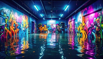 Flooded Graffiti Tunnel with Neon Lights.