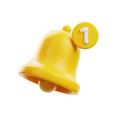 3d yellow notification bell icon showing one alert badge isolated on transparent background. Png