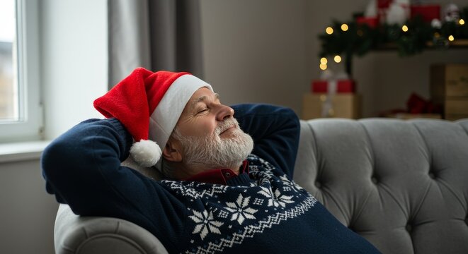 Photo of a Relaxed Elderly Man in Santa Hat and Sweater Smiling at Home - Powered by Adobe