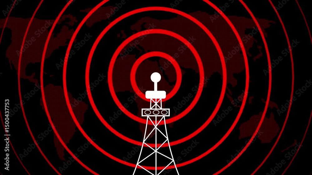 Poster communication tower sending network signals across world map. abstract animation of global network t