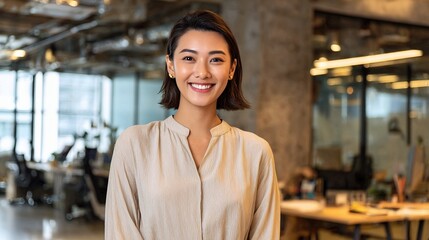 Confident Asian Female Manager in Smart Casual Attire in Urban Office