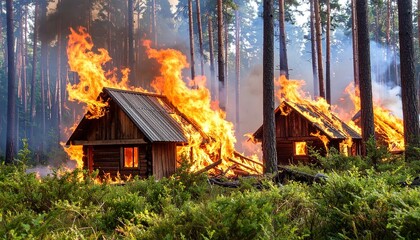 Forest fire destroys wooden cabins.