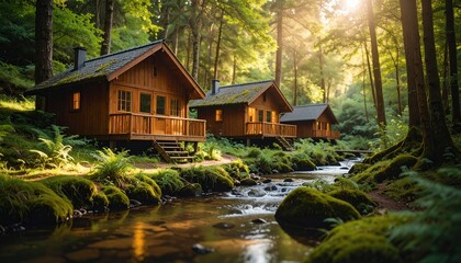 Forest Cabins by Stream Sunset.