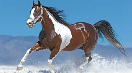 Obraz premium A brown and white pinto horse gallops freely across a snowy landscape under a clear blue sky