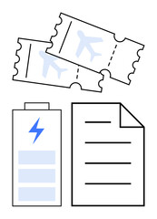 Airplane tickets, battery charging icon, and a document sheet. Ideal for travel preparation, sustainable energy, digital planning, organization, efficiency documentation minimal design. Represents