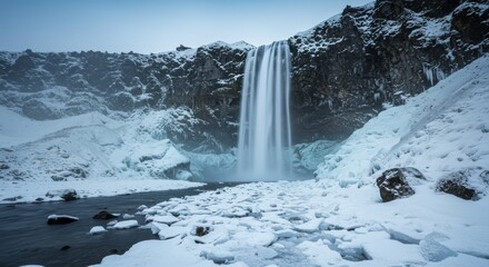 Obraz premium Photo of a Winter Waterfall with Snow Covered Rocks in Iceland's Scenic Landscape