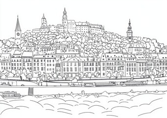 Veduta di città storica in stile schizzo monocromatico