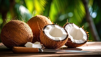 Fresh coconuts tropical setting.