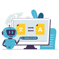 Flat Illustration of AI Robot Performing Automatic Language Translation. Illustrations for websites, landing pages, mobile apps, posters and banners