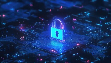 Digital lock on glowing circuit board