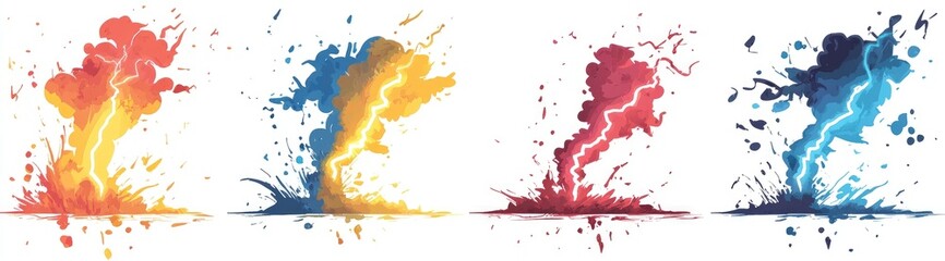 Four colorful bursts of energy with splashes