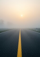 Photo A Foggy Road Leading Towards The Sunrise With Yellow Line Horizon