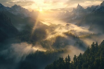 Fototapeta premium Sunrise valley shrouded in mist, majestic mountains