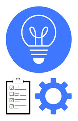 Light bulb symbolizing ideas, checklist for task management, and gear for productivity. Ideal for innovation, workflow optimization, creativity, planning, teamwork, brainstorming simple landing page