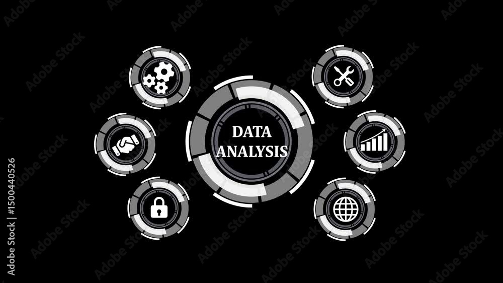 Poster data analysis interface for business strategy processing. futuristic data analysis interface on blac