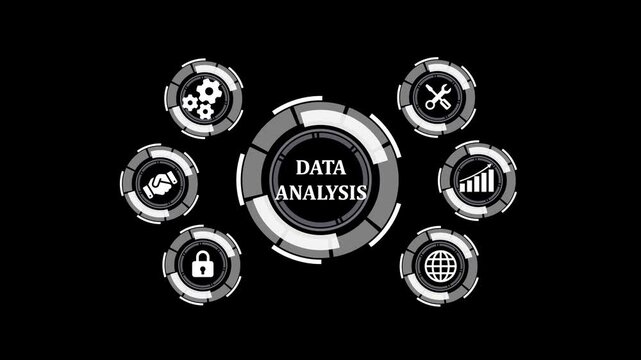 Data analysis interface for business strategy processing. Futuristic data analysis interface on black background demonstrating information processing and business strategies - Powered by Adobe