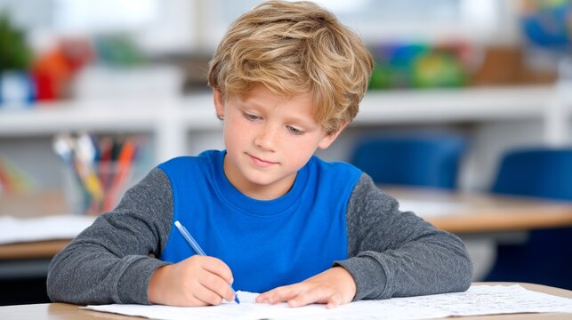 Young boy with blonde hair writes in a notebook at a desk in a classroom setting