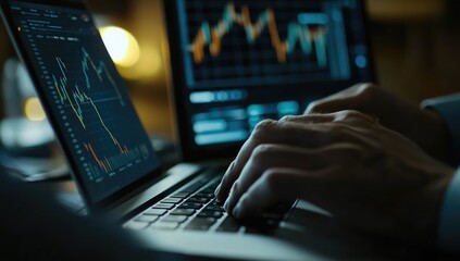 Close-up of hands typing on laptop, financial charts on screens
