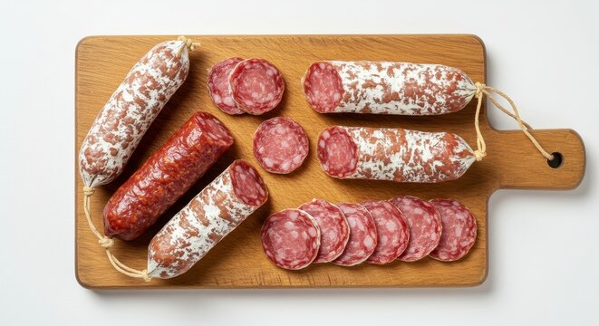 Photo of Assorted Salami Sausage on Wooden Cutting Board with White Background
