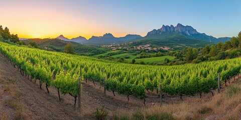 Naklejka premium Vineyard landscape at sunset, rolling hills, mountains