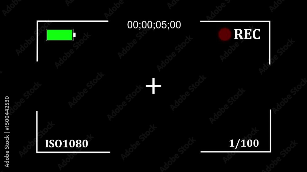 Fototapete Live recording screen with camera data and battery status. Recording interface overlay with battery indicator and camera settings information showing video recording in progress on a black background