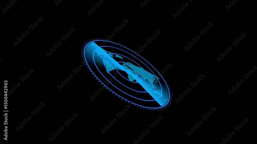 Poster global map with radar scanning technology concept. futuristic blue radar scanning world map over bla