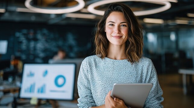 Happy Young Professional Woman Holding Tablet in Modern Office